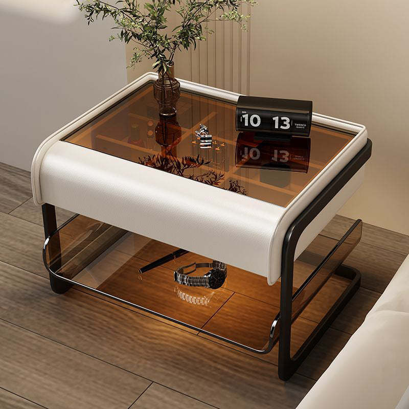 Smart Sensing Glass Wood 2-Tier Side Table — Smart Sensing Mode / Cream White