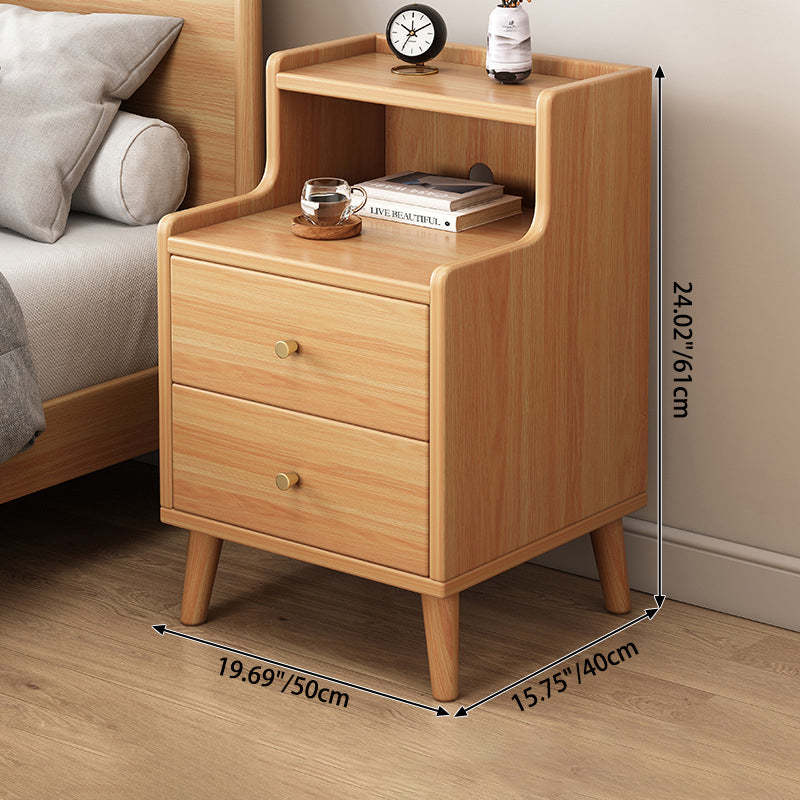 Chinese Wood Nightstand 2-Drawer Shelf — Original Wood Color