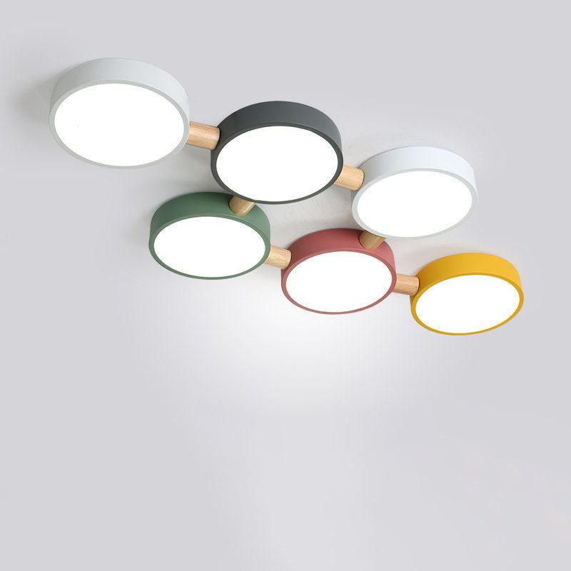 Scandinavian Macaron Iron Geometric Wood LED Flush Light