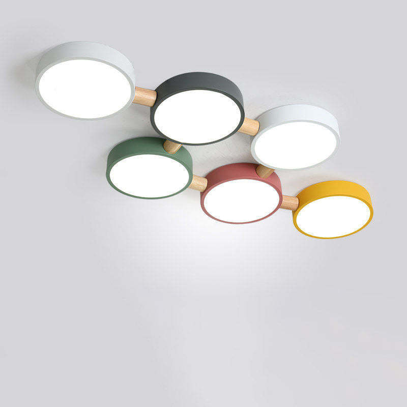 Scandinavian Macaron Iron Geometric Wood LED Flush Light