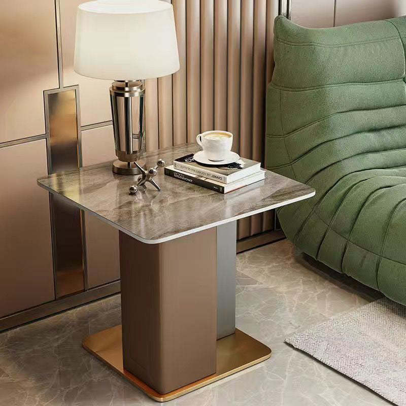 Scandinavian Slate Leather Wood Steel End Table — Black / Brown