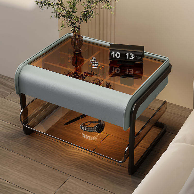 Smart Sensing Glass Wood 2-Tier Side Table — Normal Mode / Smoky Blue