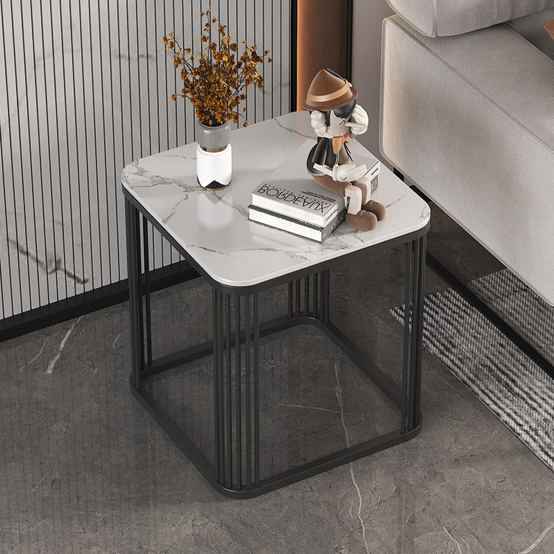 Minimalist Rock Slab Metal Coffee Table — White Gray + Gold Frame