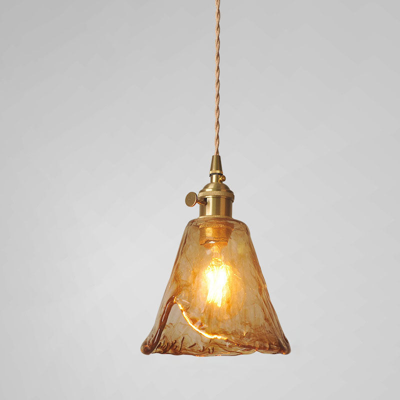 Retro Brass Geometric Amber Glass Pendant Light