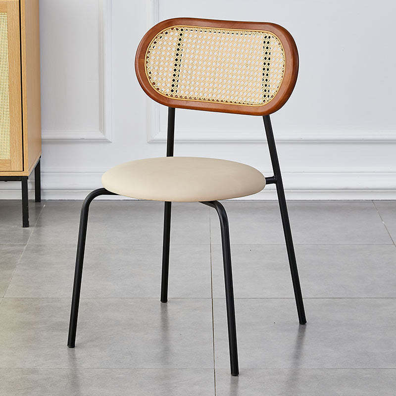 Vintage Rattan Arc Dining Chair — Black Legs + Wood Color Backrest + Black Seat