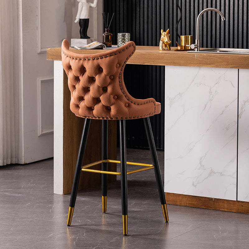 Contemporary Tufted Velvet Wingback Bar Stool — Orange Fabric Seat