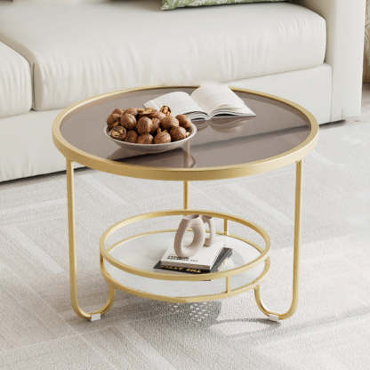 Modern Round Striped Glass Metal Coffee Table — Black / Striped Glass