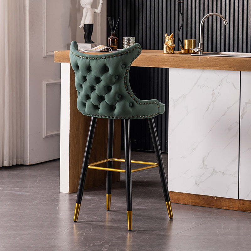 Contemporary Tufted Velvet Wingback Bar Stool — Green Fabric Seat