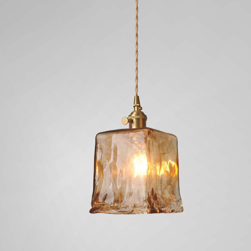 Retro Brass Geometric Amber Glass Pendant Light