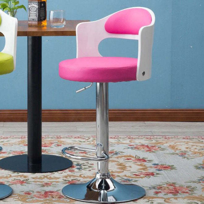 Contemporary Faux Leather Swivel Bar Stool — Log Color Backrest + Dark Blue Fabric Seat + Silver Base