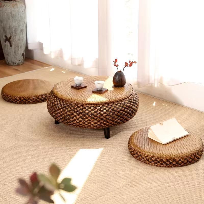 Woven oval rattan coffee tables for living room — 23.5" W x 10" H / With Storage / Walnut
