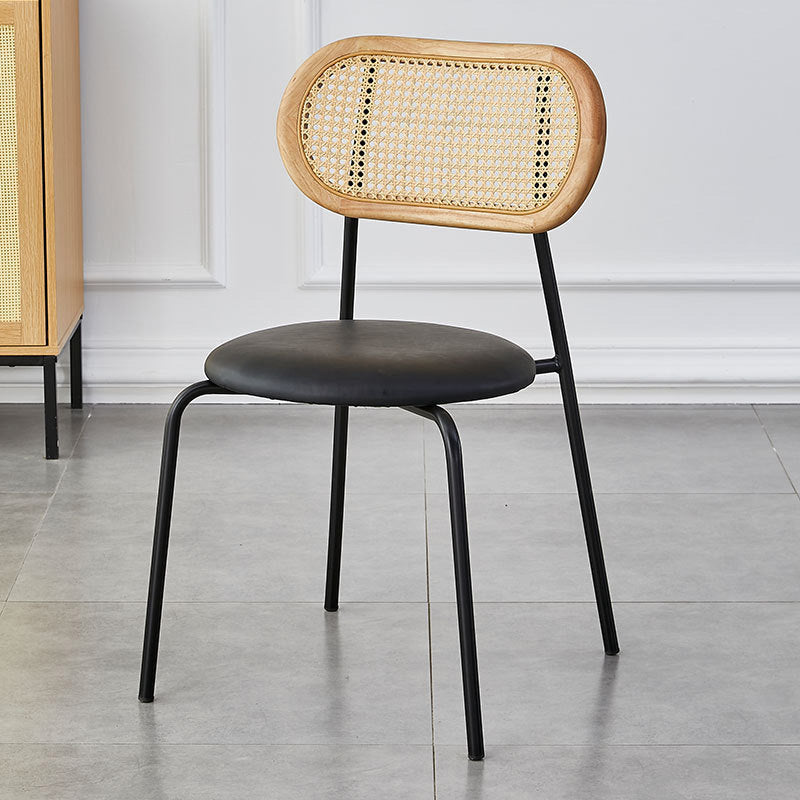 Vintage Rattan Arc Dining Chair — Black Legs + Wood Color Backrest + Brown Seat