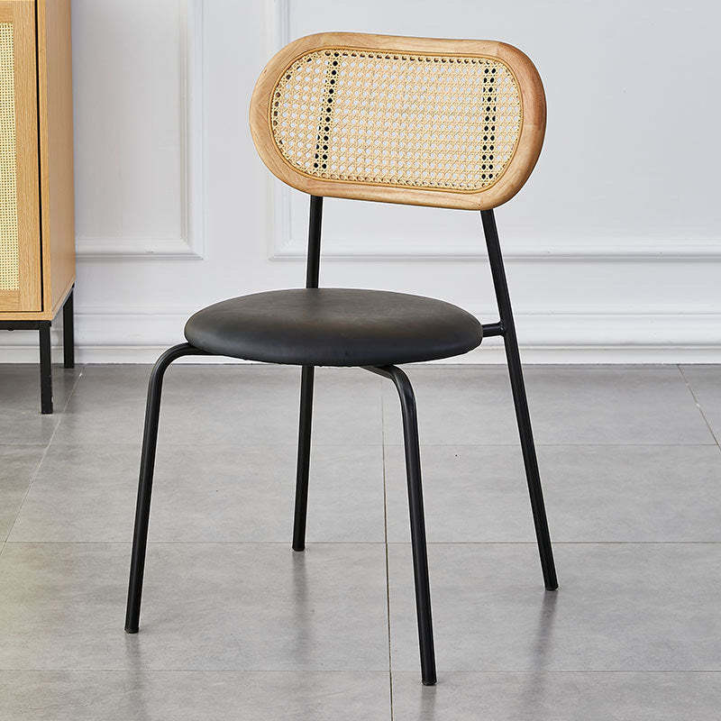 Vintage Rattan Arc Dining Chair — Black Legs + Wood Color Backrest + Brown Seat