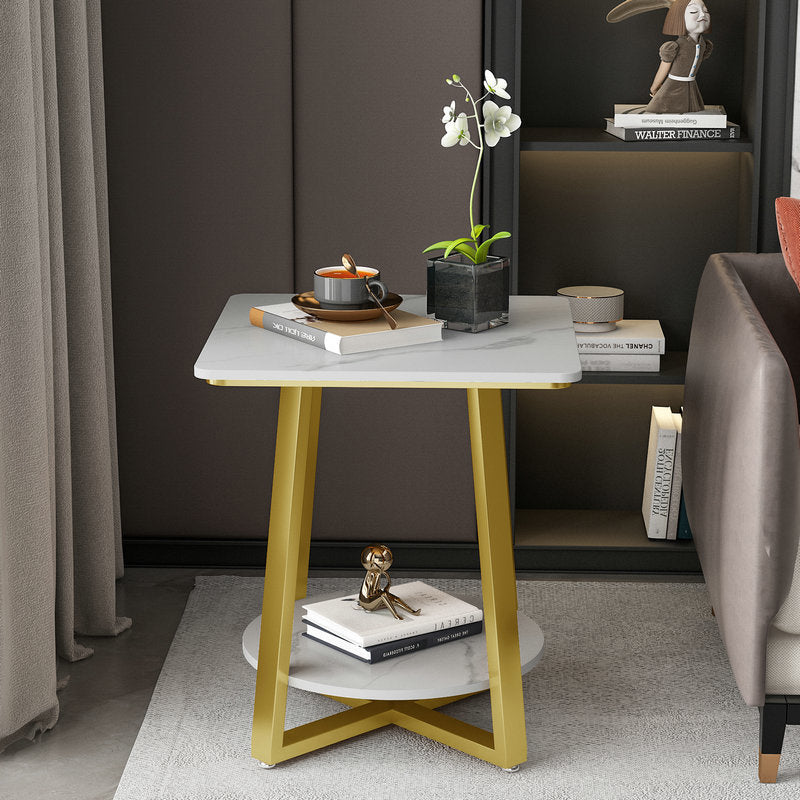 Minimalist Rock Slab Iron 2-Tier Side Table