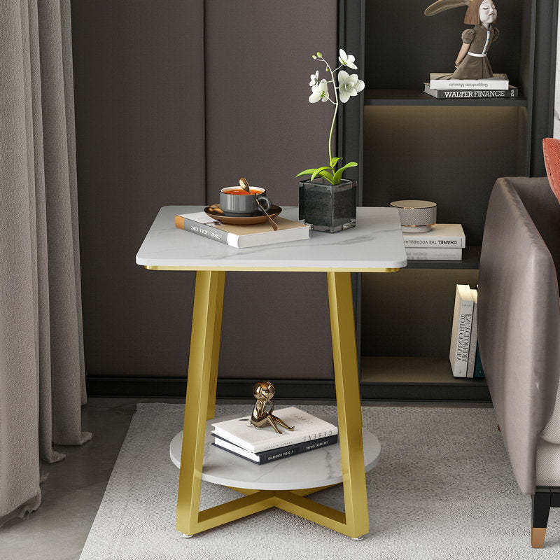 Minimalist Rock Slab Iron 2-Tier Side Table