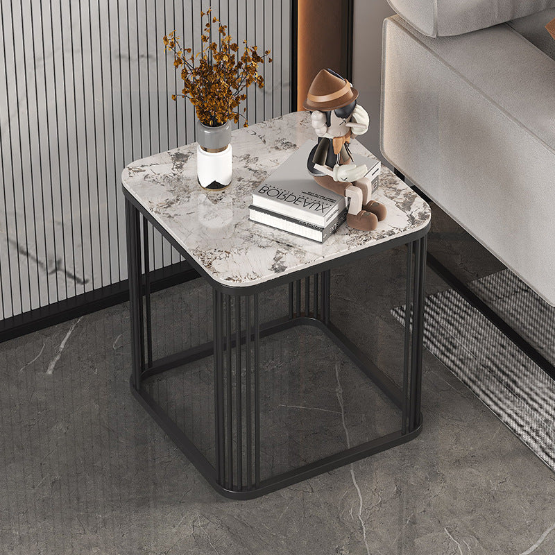 Minimalist Rock Slab Metal Coffee Table — Marble White + Gold Frame