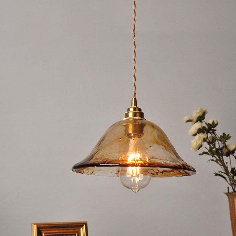 Retro Brass Geometric Amber Glass Pendant Light