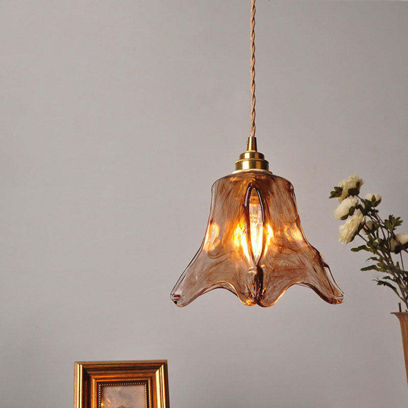 Retro Brass Geometric Amber Glass Pendant Light