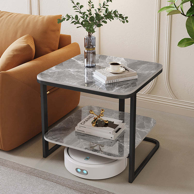 Minimalist Rock Slab Metal Side Table — Brown White Tabletop + Black Frame