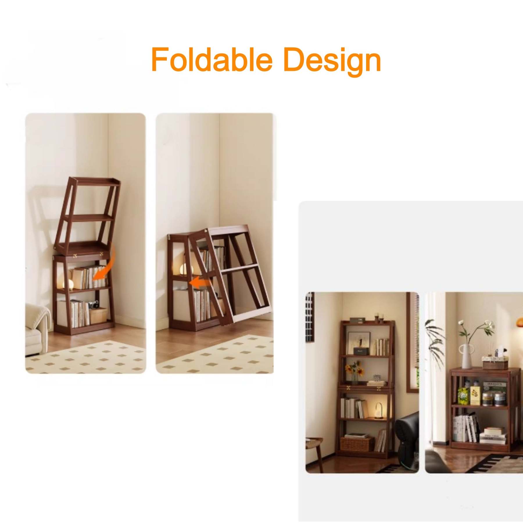 Scandinavian Corner Foldable Wood Ladder Bookshelf — Cherry Wood