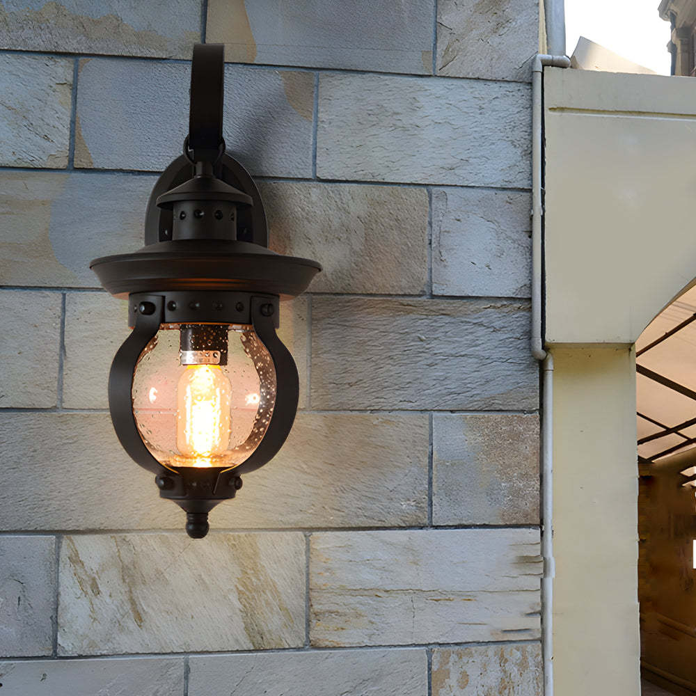 1-Light Seeded Glass Globe LED Outdoor Wall Lantern with Curved Arm-Lighom