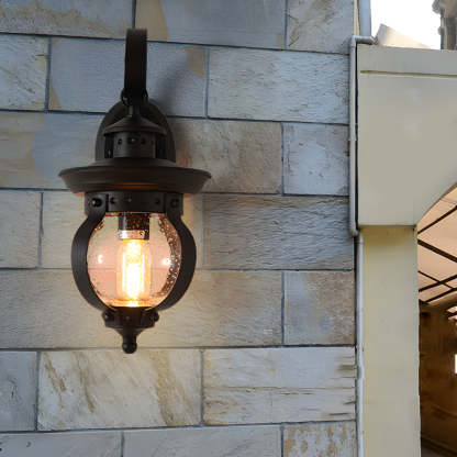 1-Light Seeded Glass Globe LED Outdoor Wall Lantern with Curved Arm-Lighom
