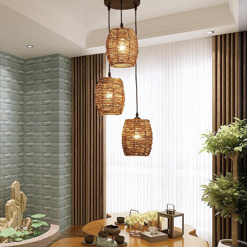 3-Piece Transparent Burlywood Wicker Living Room Pendant