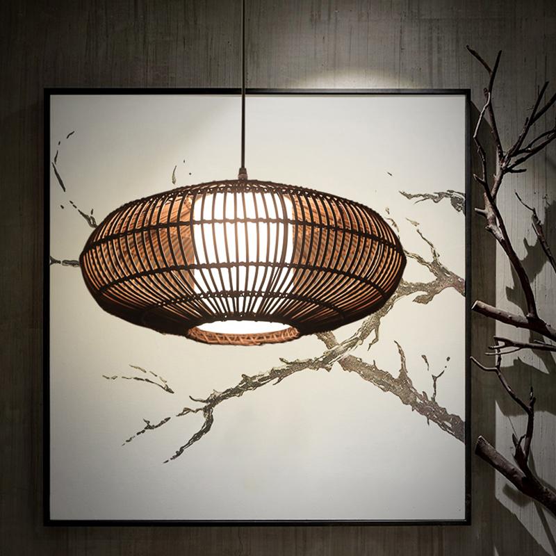 Short Circular Dark Brown Bamboo Pendant Light Farmhouse Kitchen Lighting-Lighom