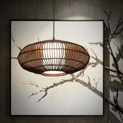 Short Circular Dark Brown Bamboo Pendant Light Farmhouse Kitchen Lighting-Lighom