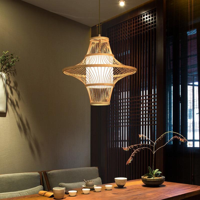 Two-Cone Burlywood Farmhouse Bamboo Pendant Light