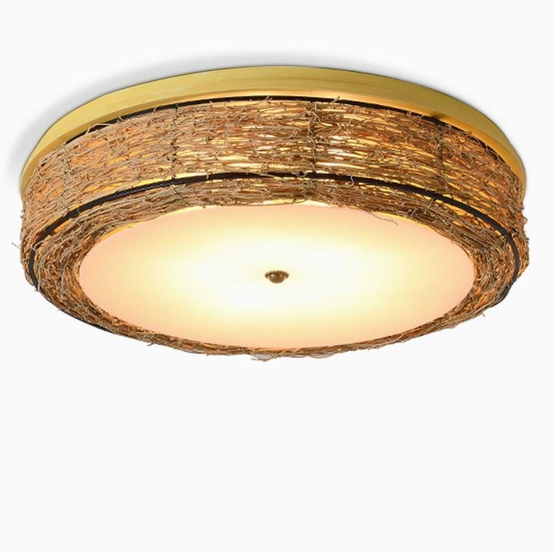 Compact Burlywood Wicker Flush Mount