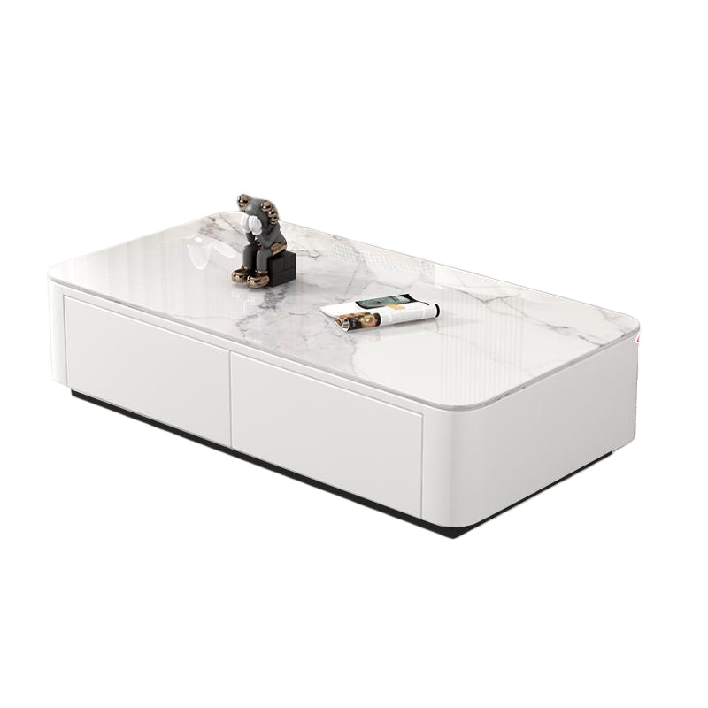 White Stone Rectangular Block-Base Coffee Table with Drawers — Grey