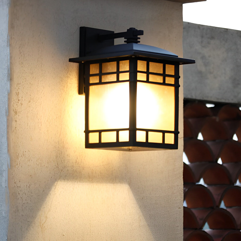 Square Retro Waterproof Yellow Glass Shade Vintage Outdoor Wall Lights-Lighom