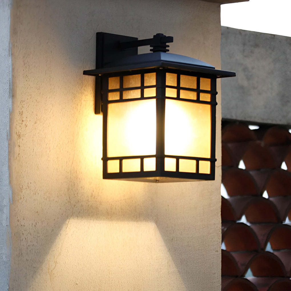 Square Retro Waterproof Yellow Glass Shade Vintage Outdoor Wall Lights-Lighom