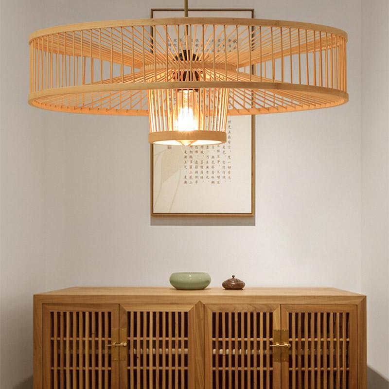 Farmhouse Burlywood Drum Framed Bamboo Pendant Light
