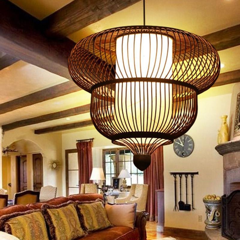 Brown wood bamboo fabric bubble moroccan pendant lighting - rustic