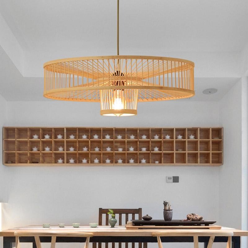 Farmhouse Burlywood Drum Framed Bamboo Pendant Light