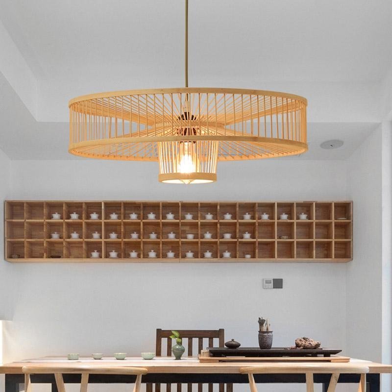 Farmhouse Burlywood Drum Framed Bamboo Pendant Light