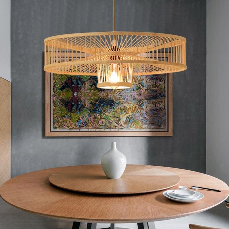 Farmhouse Burlywood Drum Framed Bamboo Pendant Light