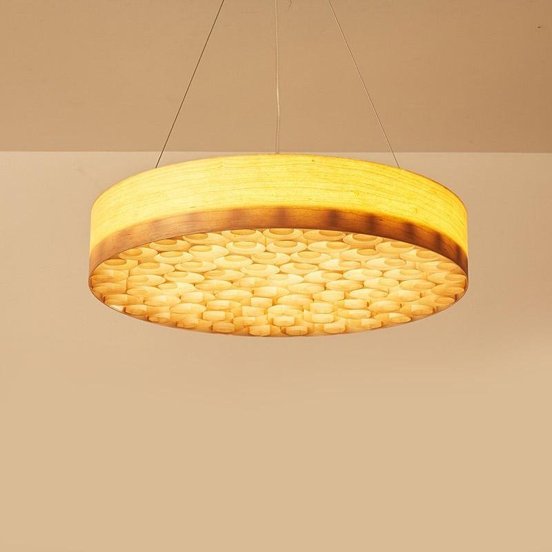 24'' Large Burlywood Drum Light Pendant Wood Living Room Pendant Lighting-Lighom