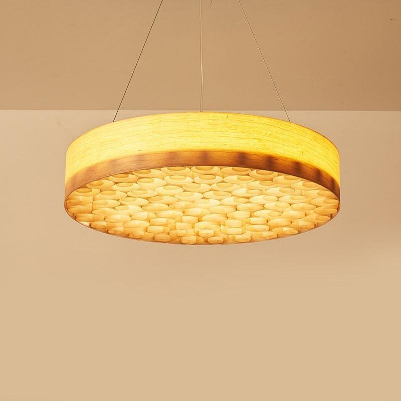 24'' Large Burlywood Drum Light Pendant Wood Living Room Pendant Lighting-Lighom