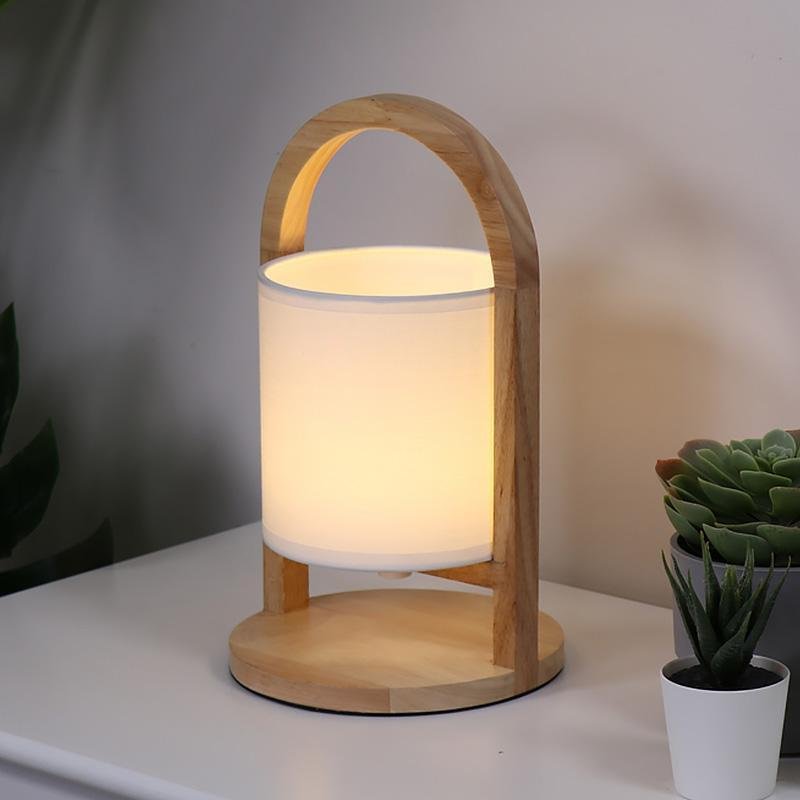 Wood leather portable battery-operated table lamps