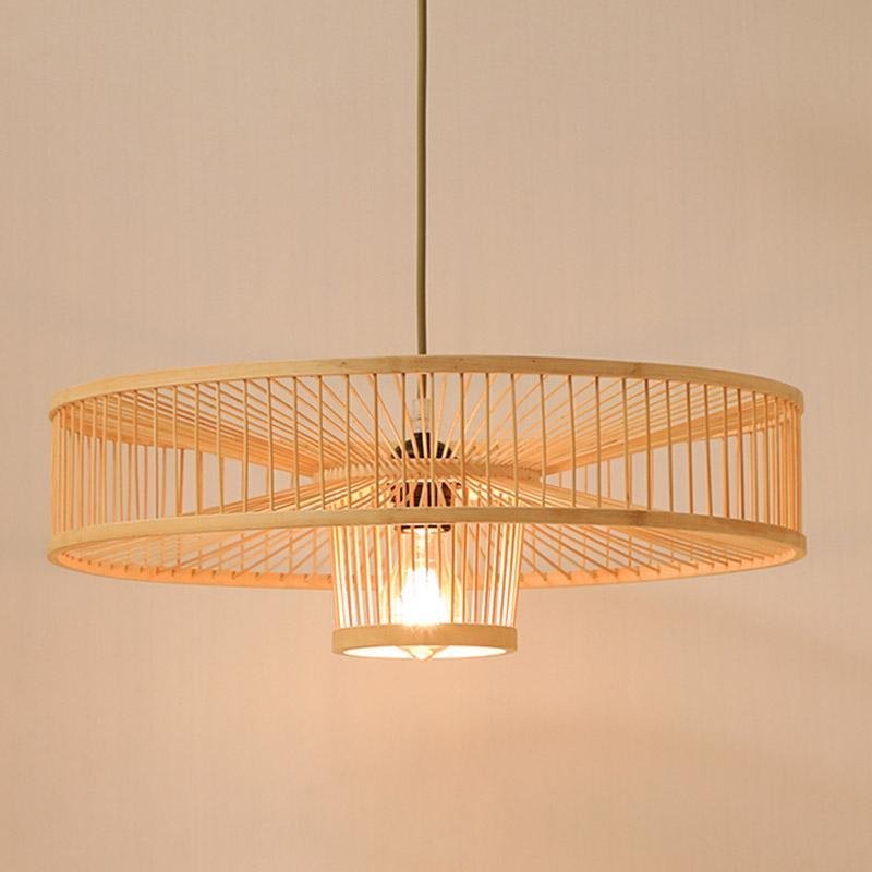 Farmhouse Burlywood Drum Framed Bamboo Pendant Light