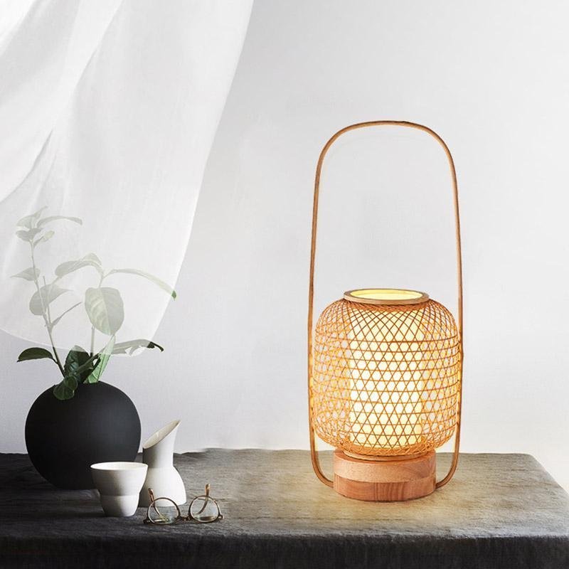 Rustic Woven Bamboo Cylinder LED Lamp