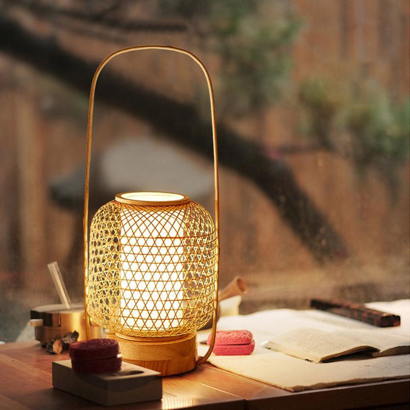 Rustic Woven Bamboo Cylinder LED Lamp