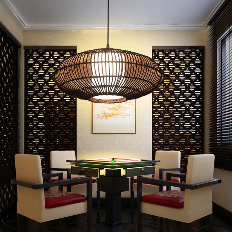 Short Circular Dark Brown Bamboo Pendant Light Farmhouse Kitchen Lighting-Lighom