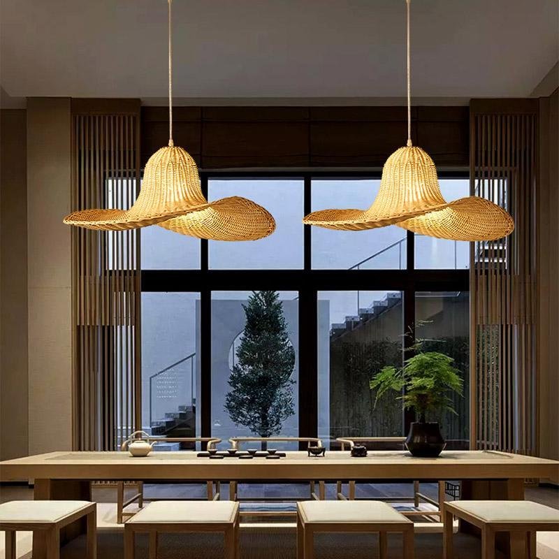Rustic hat-shaped rust pendant lighting in rattan — 20" Diameter