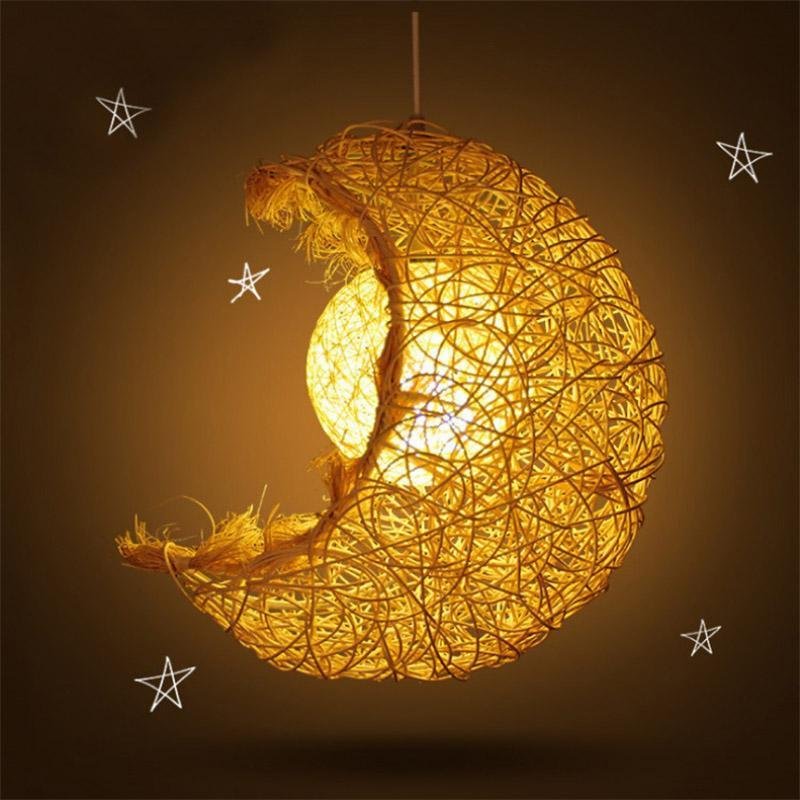 Moon Wicker Rattan Farmhouse Dining Pendant Light