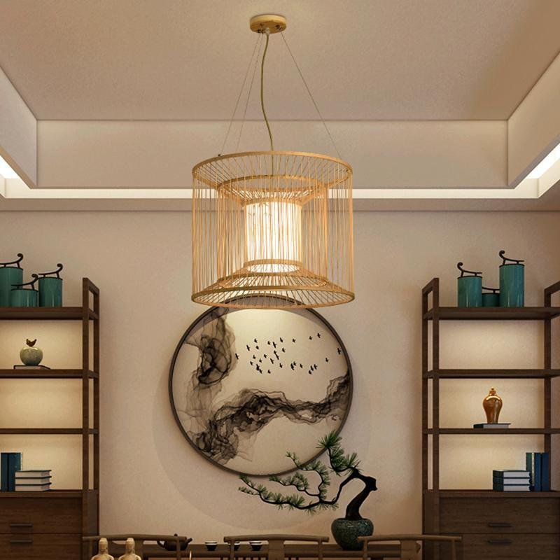 Multi-Layer Cylindrical Cage Decorative Bamboo Pendant Light