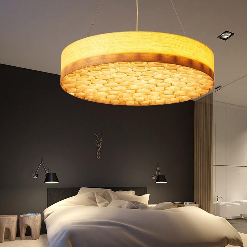 24'' Large Burlywood Drum Light Pendant Wood Living Room Pendant Lighting-Lighom